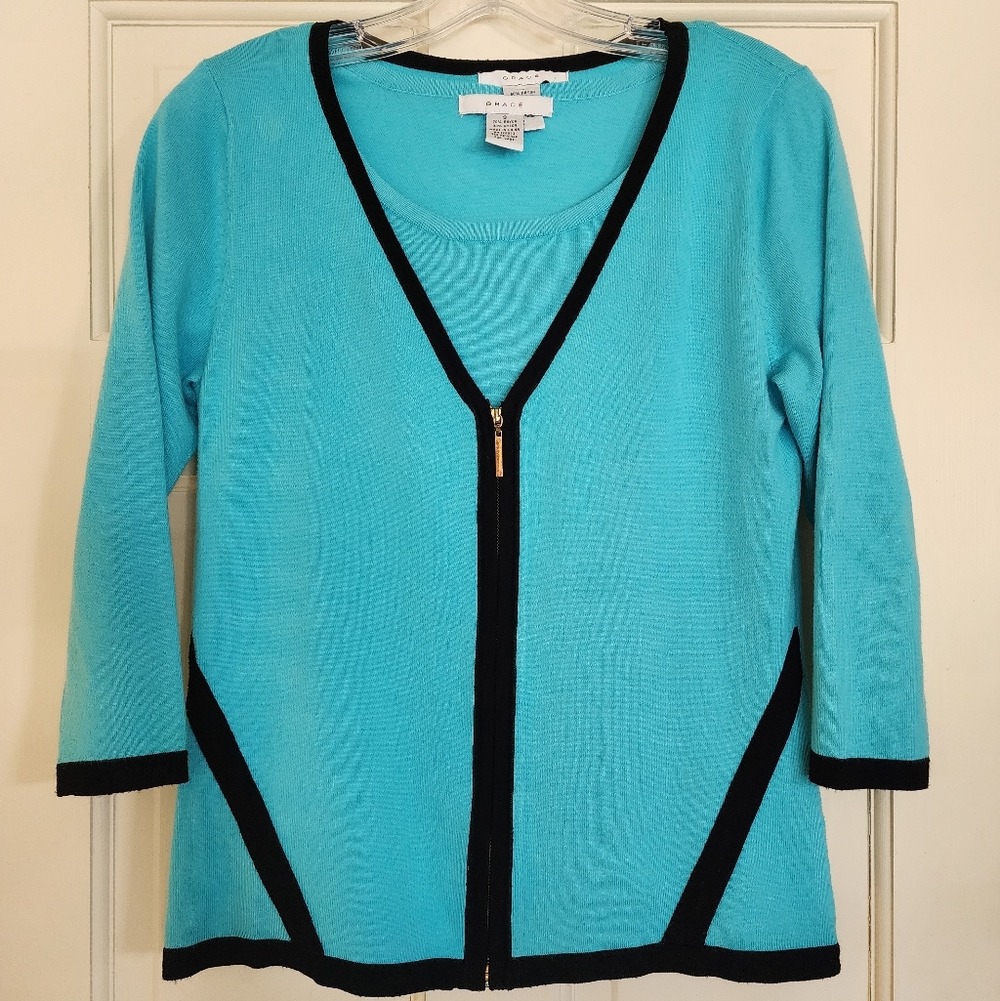 SWEATER SET SZ S/M AQUA WITH BLACK TRIM, ZIP FRONT CARDIGAN, SHORT SLEEVE TEE